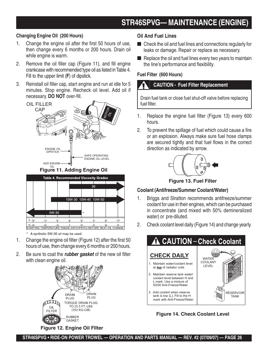 Str46spvg— maintenance (engine), Caution, Check coolant | Warning | Multiquip STR46SPVG User Manual | Page 26 / 90