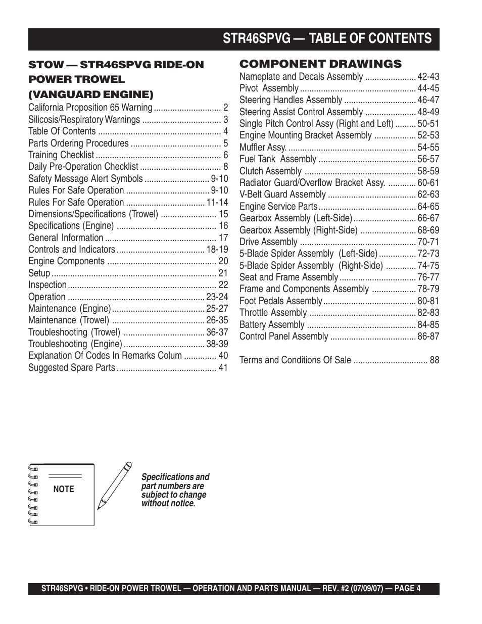 Str46spvg — table of contents | Multiquip STR46SPVG User Manual | Page 4 / 90