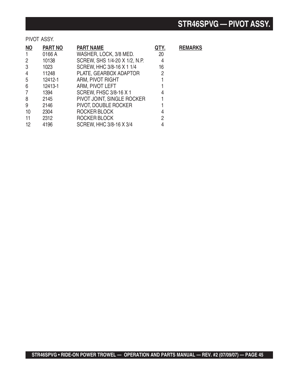 Str46spvg — pivot assy | Multiquip STR46SPVG User Manual | Page 45 / 90