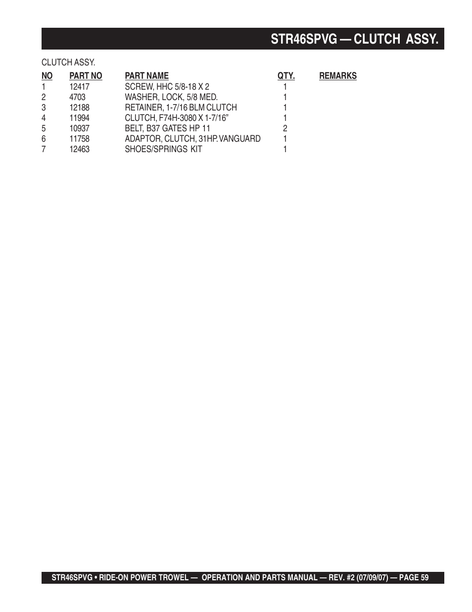 Str46spvg — clutch assy | Multiquip STR46SPVG User Manual | Page 59 / 90