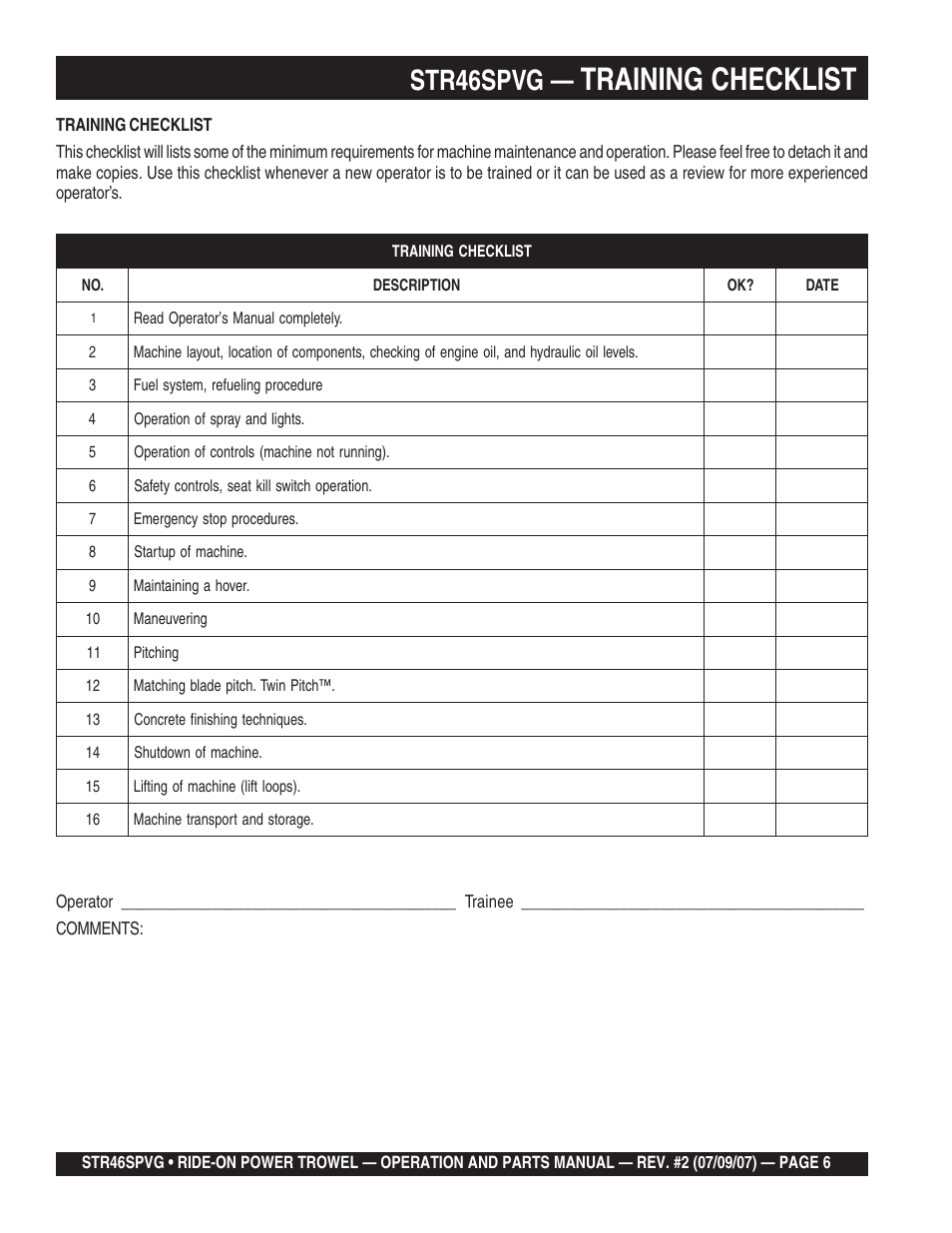 Training checklist, Str46spvg | Multiquip STR46SPVG User Manual | Page 6 / 90