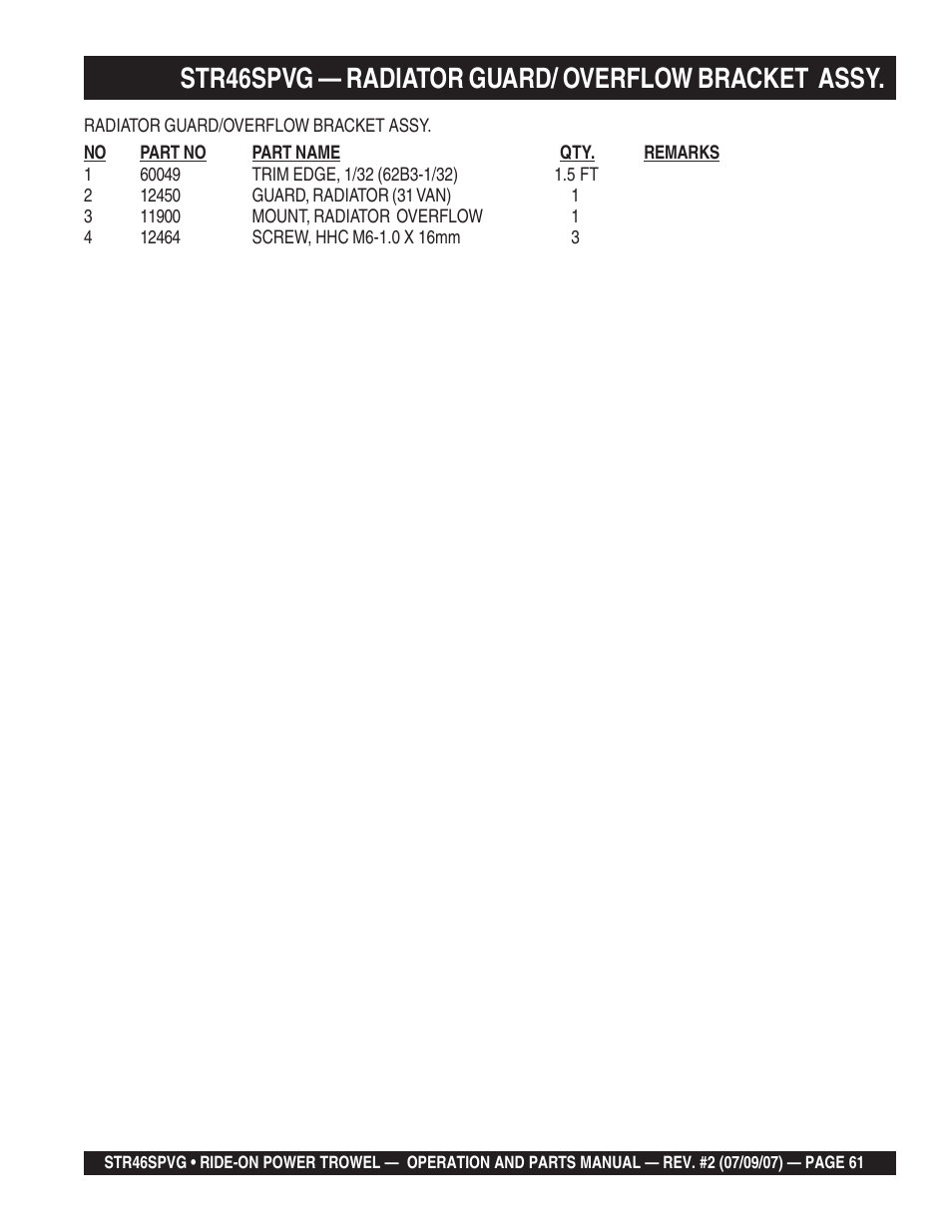 Str46spvg — radiator guard/ overflow bracket assy | Multiquip STR46SPVG User Manual | Page 61 / 90