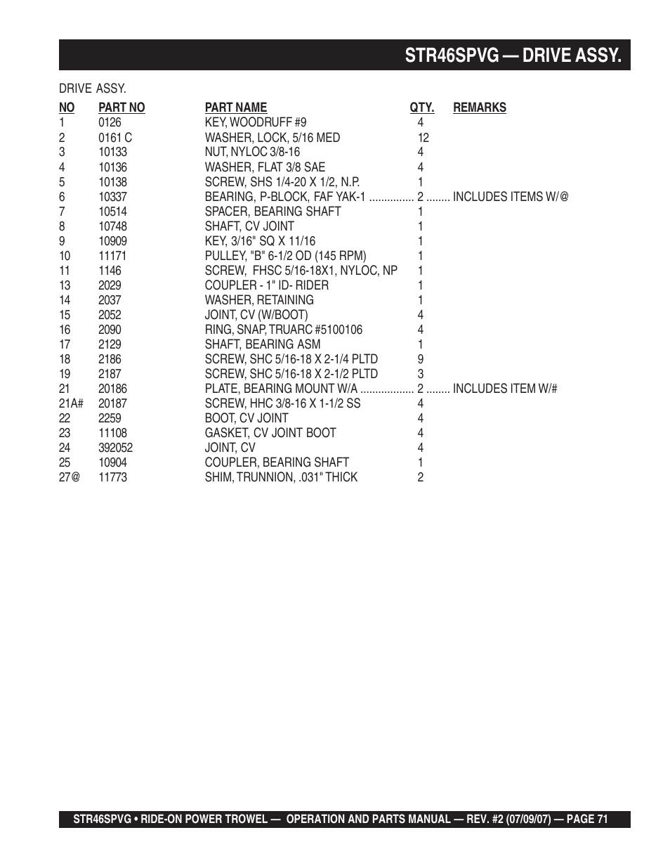 Str46spvg — drive assy | Multiquip STR46SPVG User Manual | Page 71 / 90