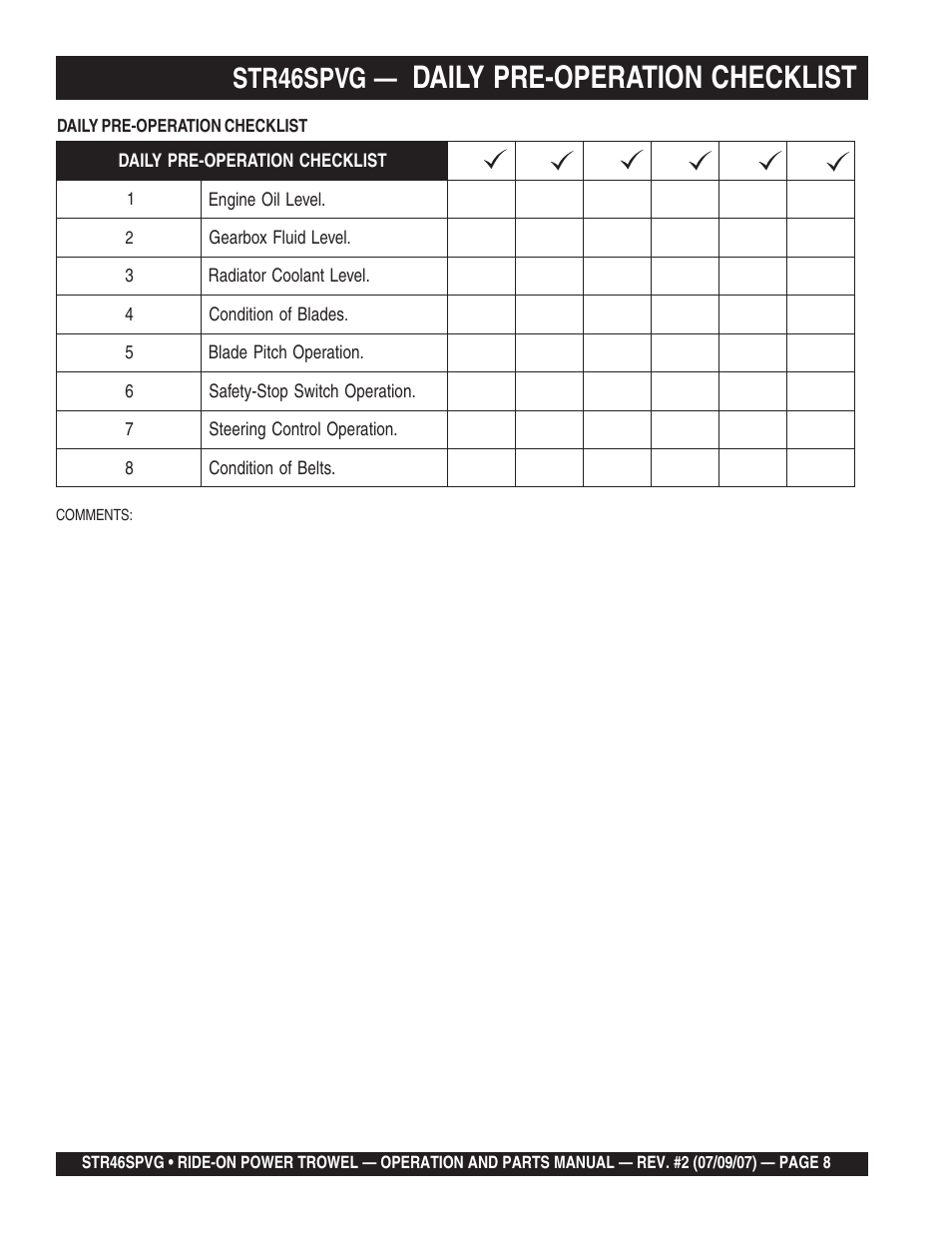 Daily pre-operation checklist, Str46spvg | Multiquip STR46SPVG User Manual | Page 8 / 90