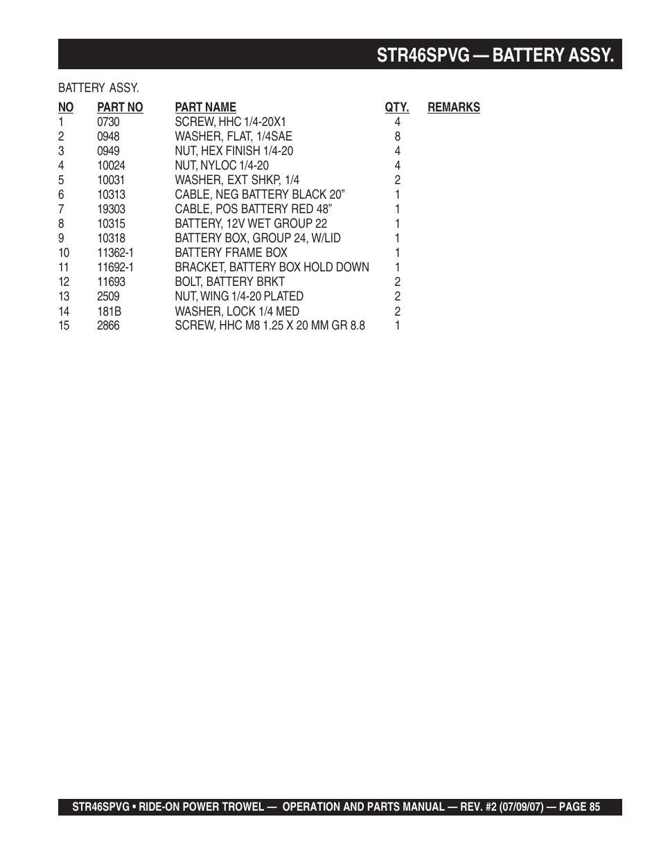 Str46spvg — battery assy | Multiquip STR46SPVG User Manual | Page 85 / 90