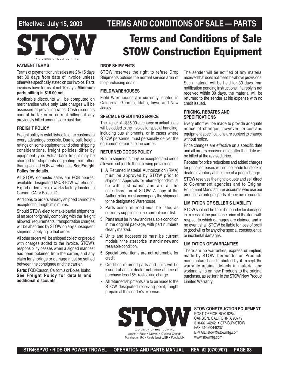 Terms and conditions of sale — parts | Multiquip STR46SPVG User Manual | Page 88 / 90