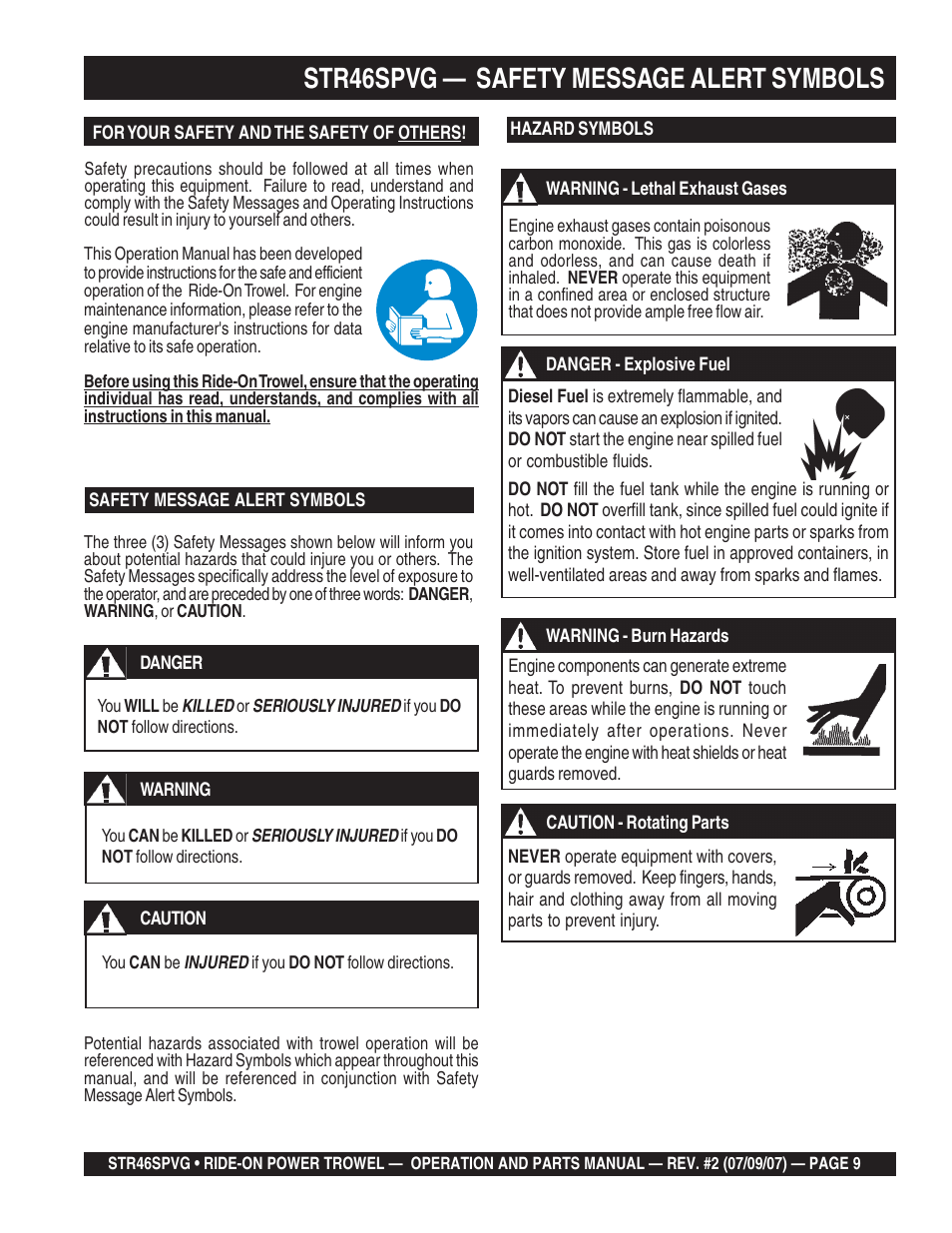Str46spvg — safety message alert symbols, Warning | Multiquip STR46SPVG User Manual | Page 9 / 90