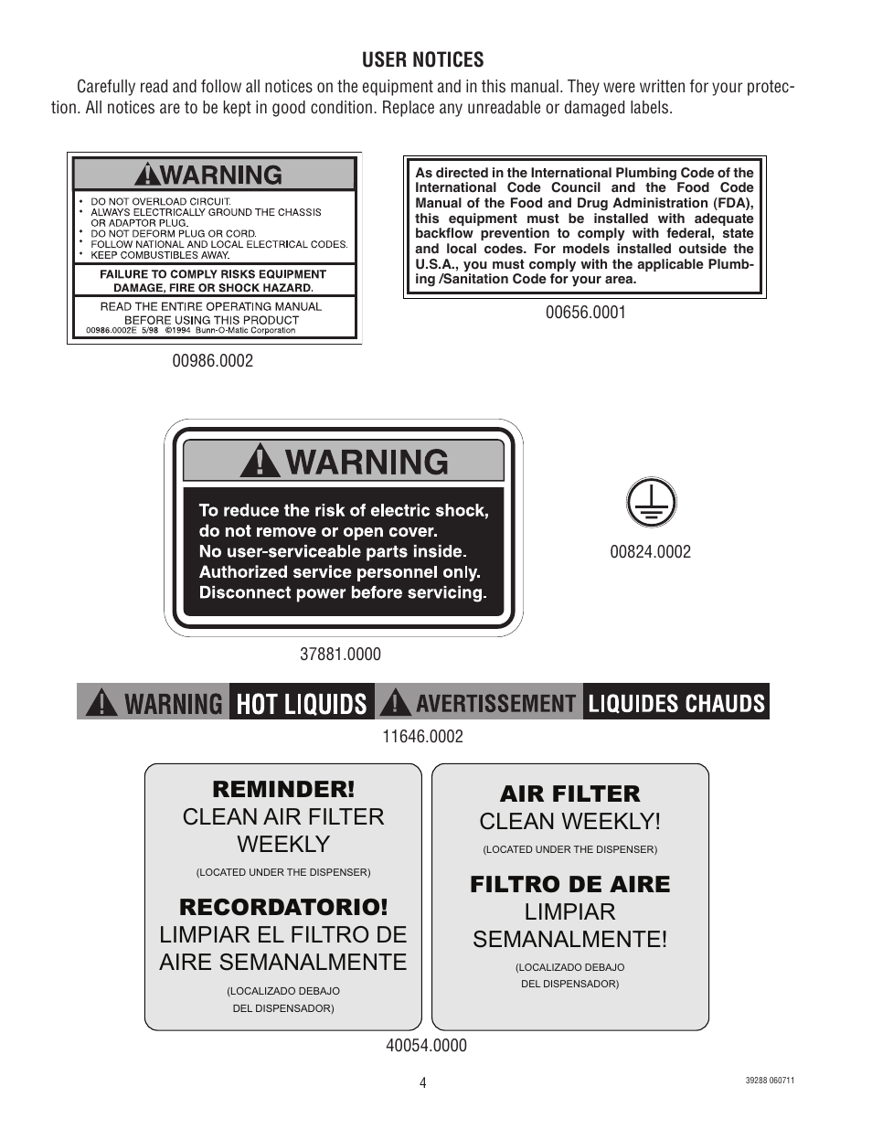 Reminder! clean air filter weekly, Air filter clean weekly, Filtro de aire limpiar semanalmente | User notices | Bunn Chilled LCC-2 User Manual | Page 4 / 26