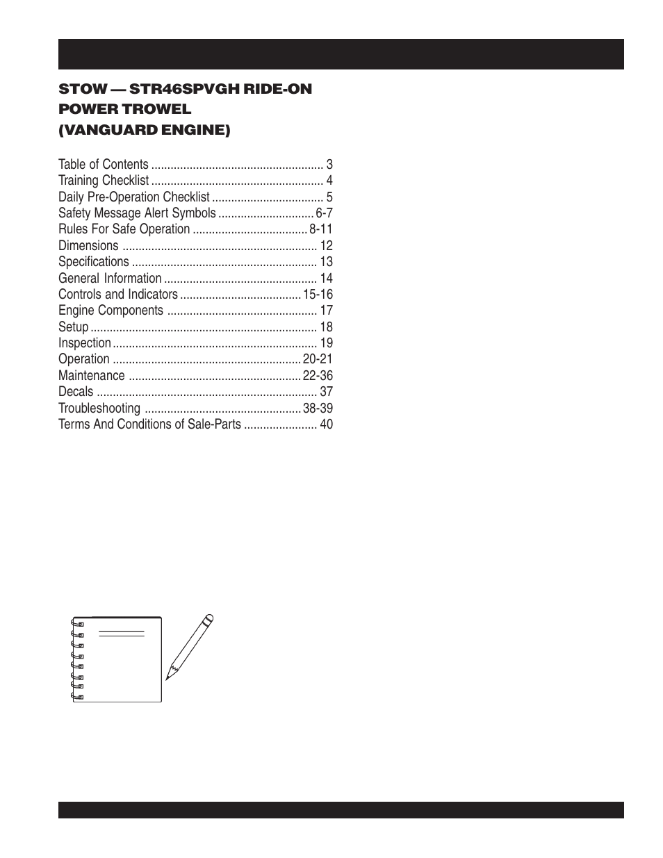 Str46spvgh — table of contents | Multiquip STR46SPVGH User Manual | Page 3 / 42