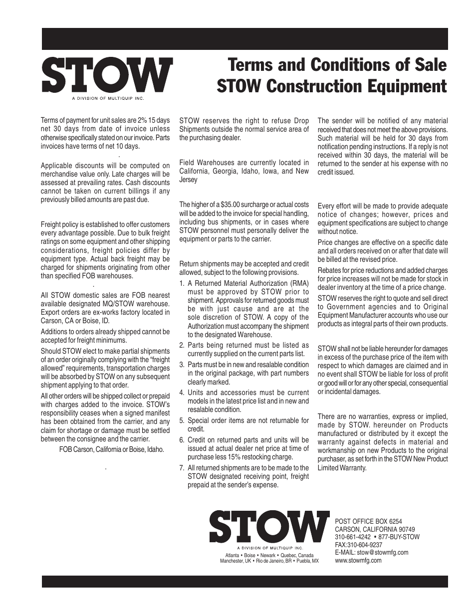 Terms and conditions of sale — parts | Multiquip STR46SPVGH User Manual | Page 41 / 42