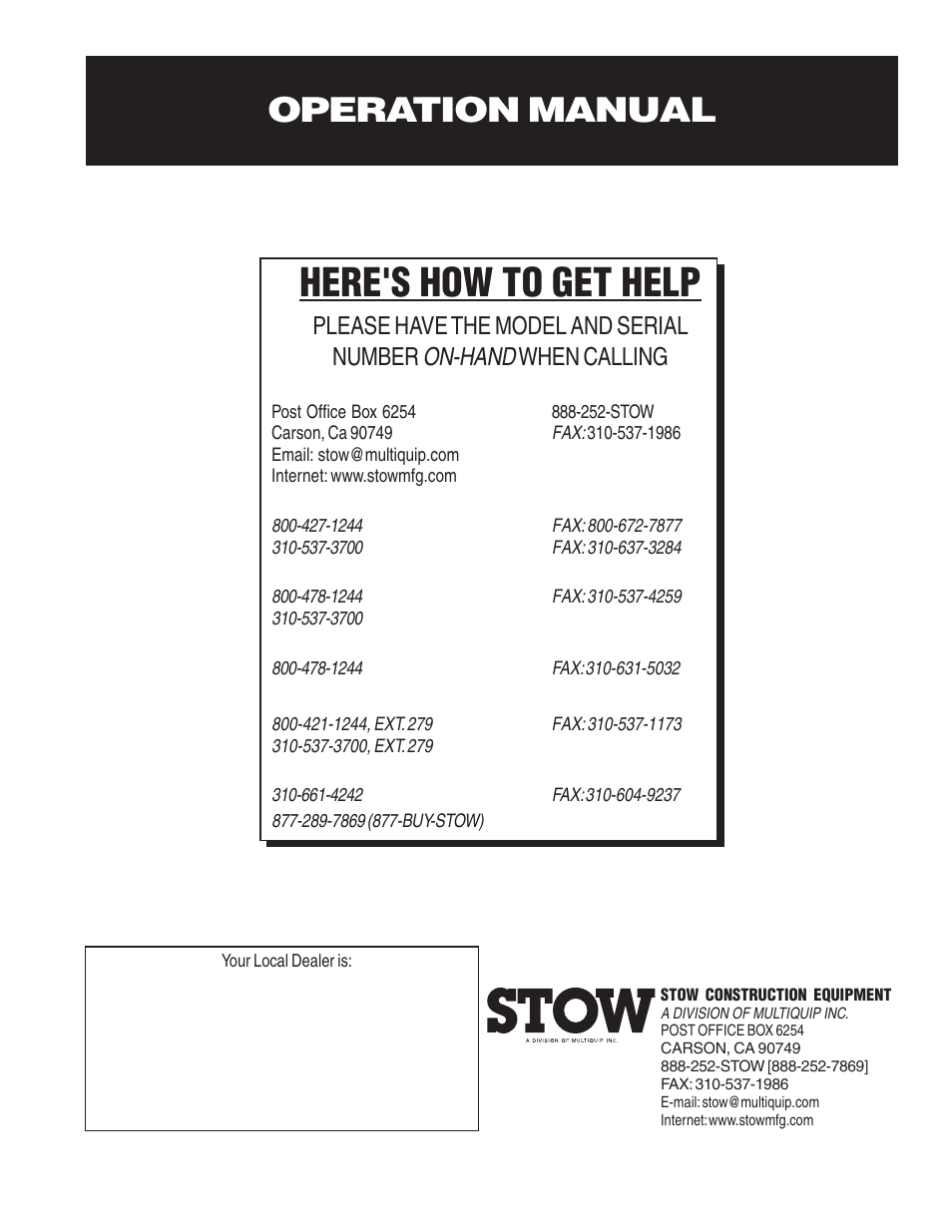 Here's how to get help, Operation manual, On-hand | Please have the model and serial number, When calling | Multiquip STR46SPVGH User Manual | Page 42 / 42