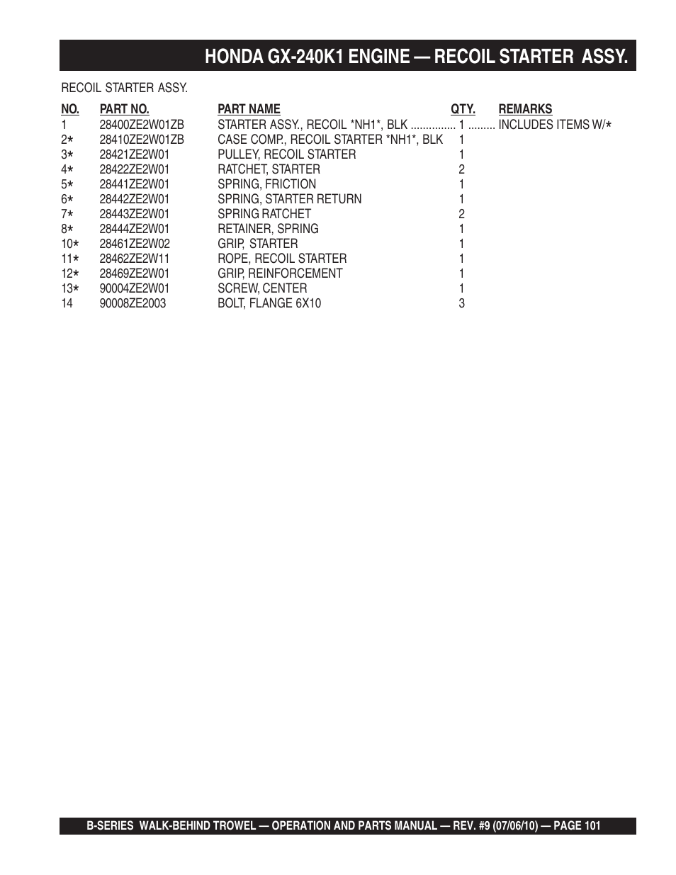 Honda gx-240k1 engine — recoil starter assy | Multiquip B-SERIES User Manual | Page 101 / 124