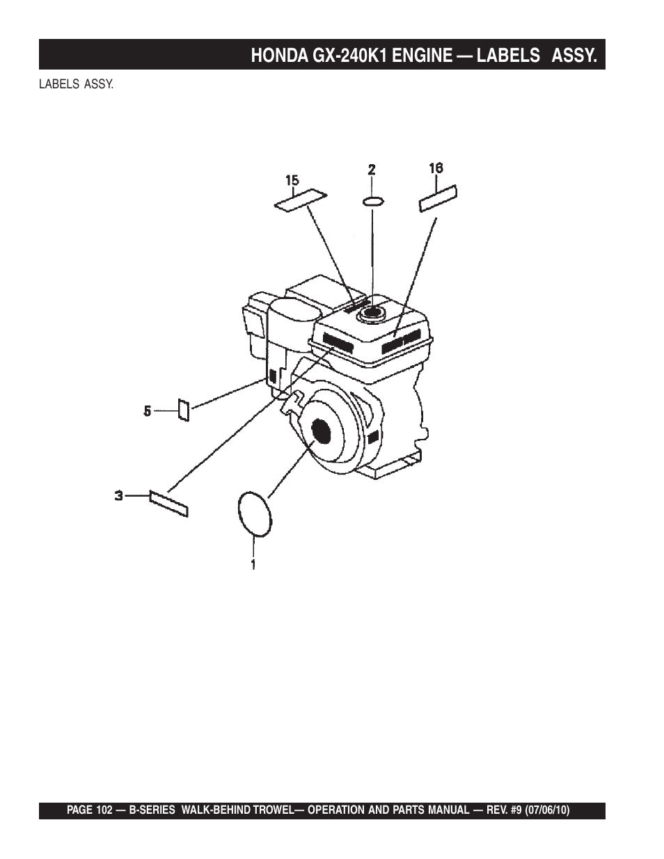 Honda gx-240k1 engine — labels assy | Multiquip B-SERIES User Manual | Page 102 / 124
