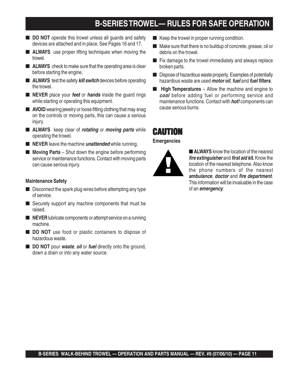B-series trowel— rules for safe operation, Caution | Multiquip B-SERIES User Manual | Page 11 / 124
