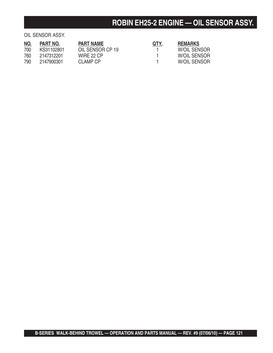Robin eh25-2 engine — oil sensor assy | Multiquip B-SERIES User Manual | Page 121 / 124