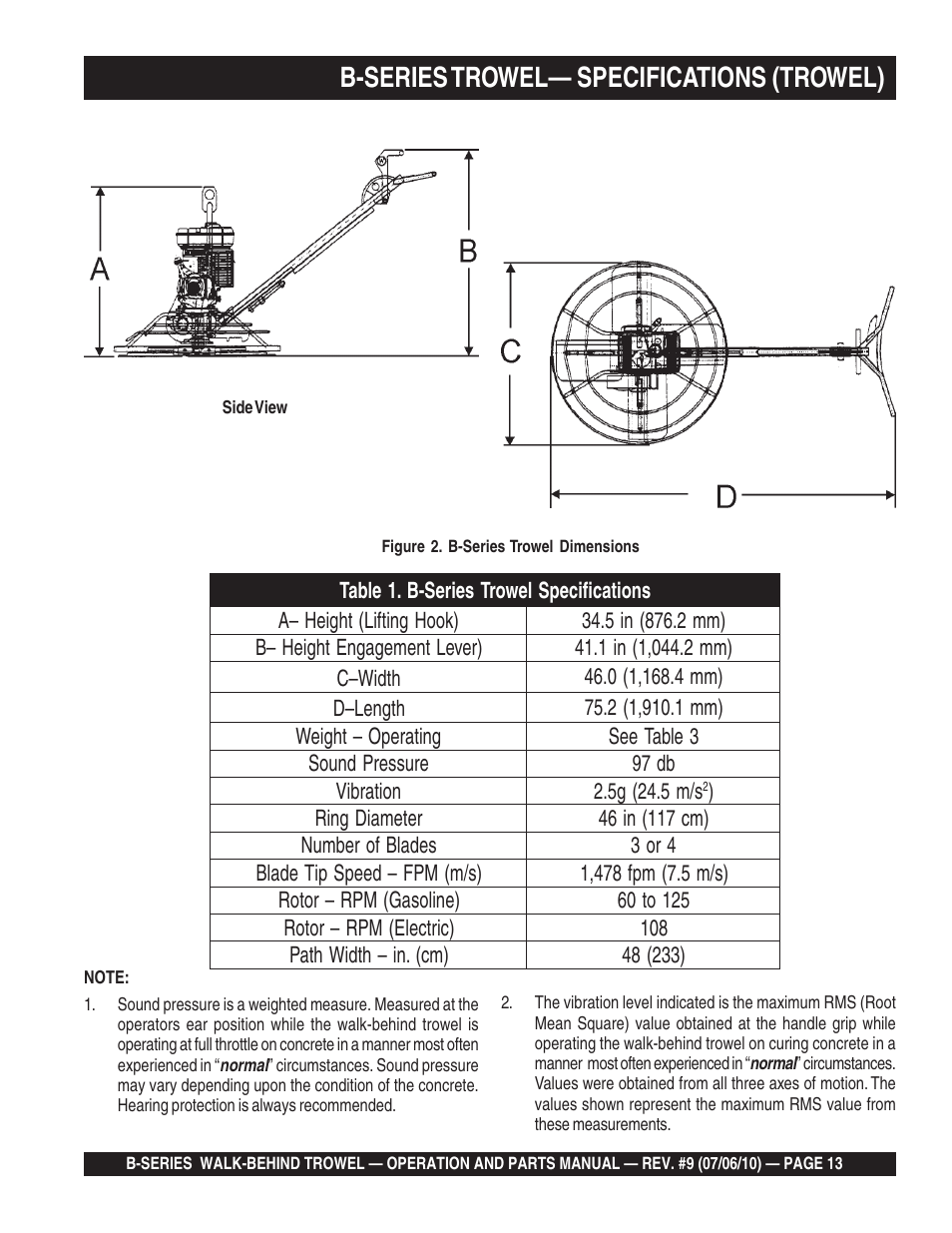 B-series trowel— specifications (trowel) | Multiquip B-SERIES User Manual | Page 13 / 124