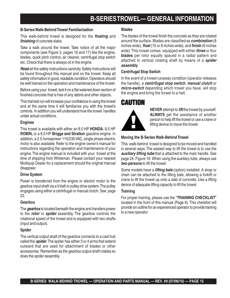 B-series trowel— general information, Caution | Multiquip B-SERIES User Manual | Page 15 / 124