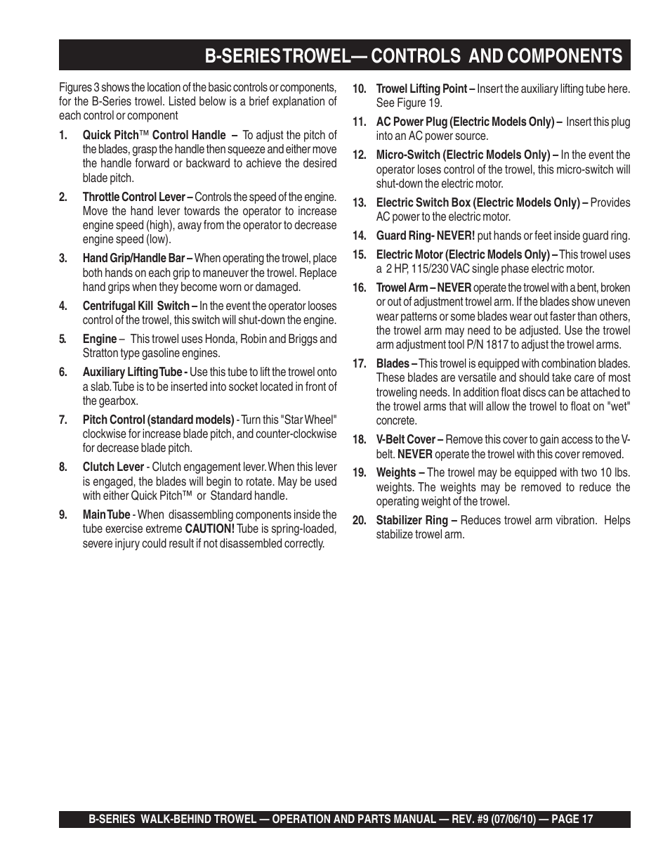 B-series trowel— controls and components | Multiquip B-SERIES User Manual | Page 17 / 124