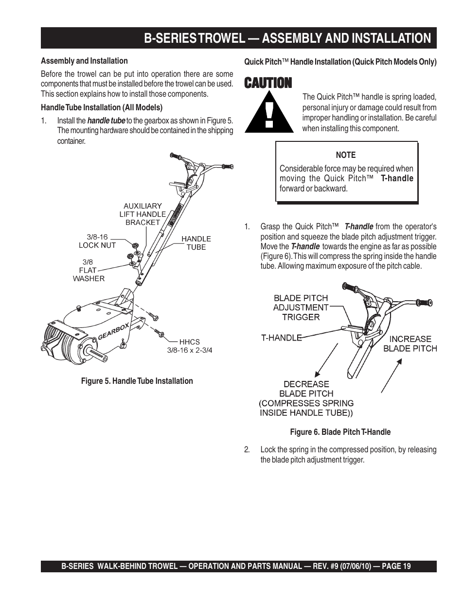 B-series trowel — assembly and installation, Caution | Multiquip B-SERIES User Manual | Page 19 / 124