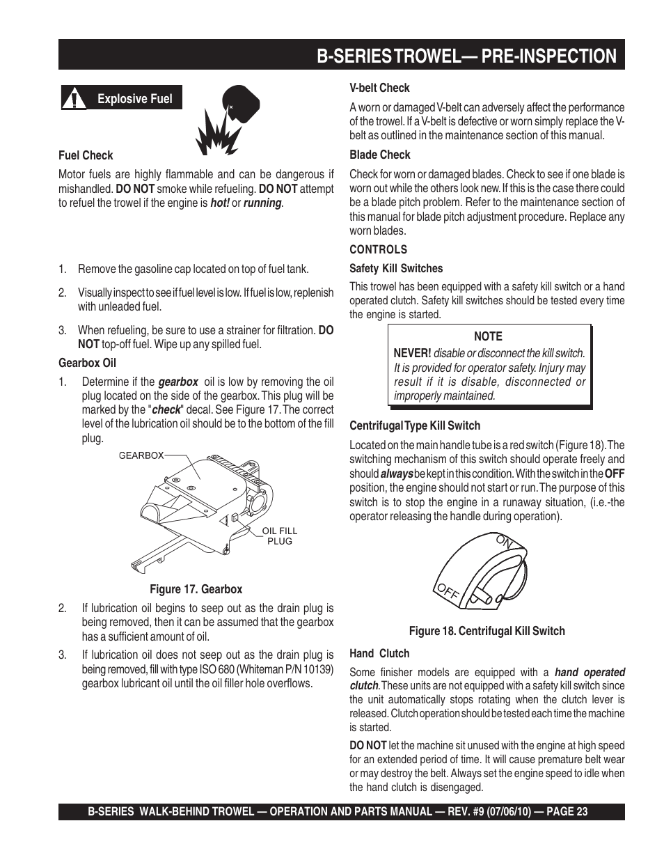 B-series trowel— pre-inspection | Multiquip B-SERIES User Manual | Page 23 / 124