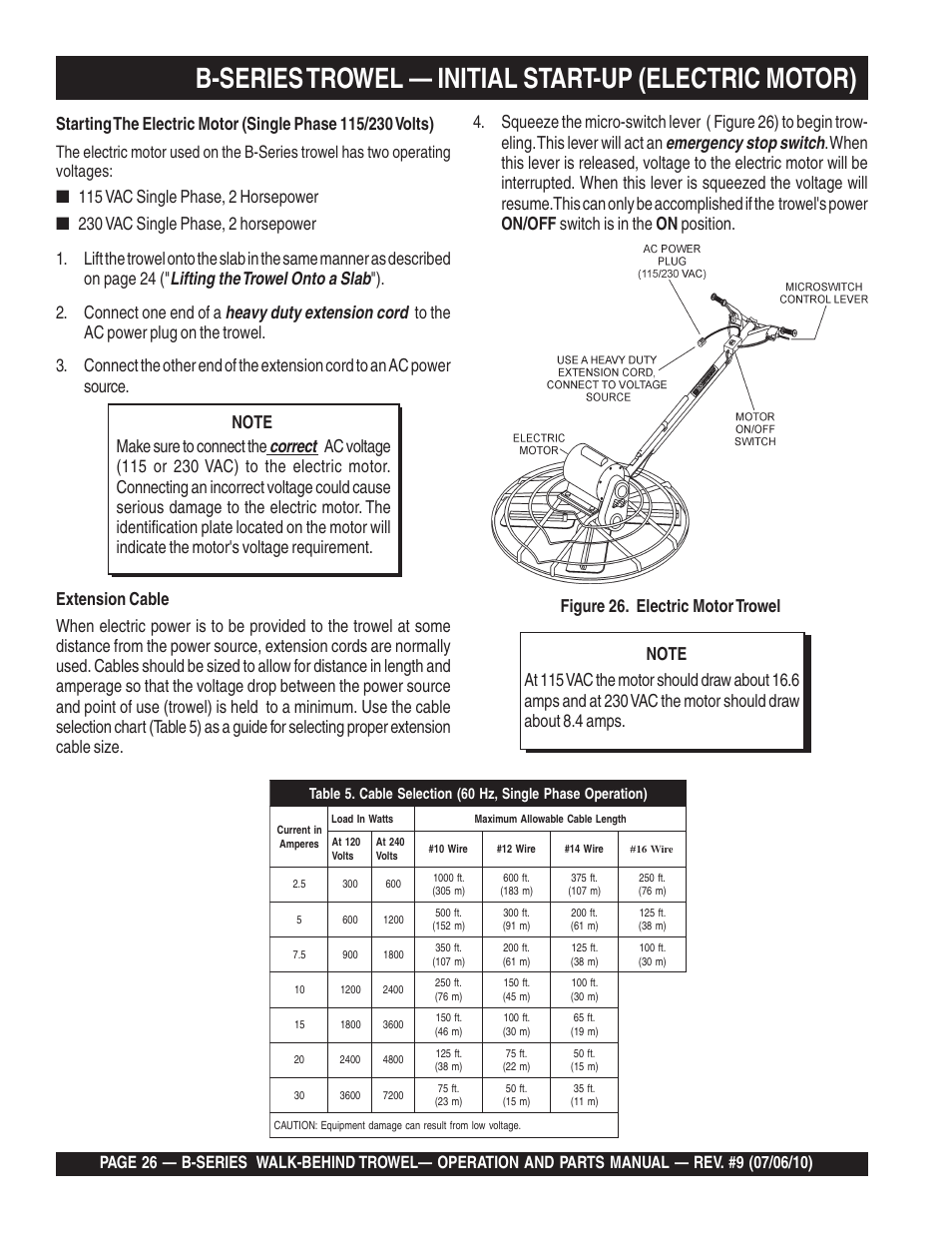 Lifting the trowel onto a slab, Heavy duty extension cord, Emergency stop switch | Correct, Connect one end of a | Multiquip B-SERIES User Manual | Page 26 / 124