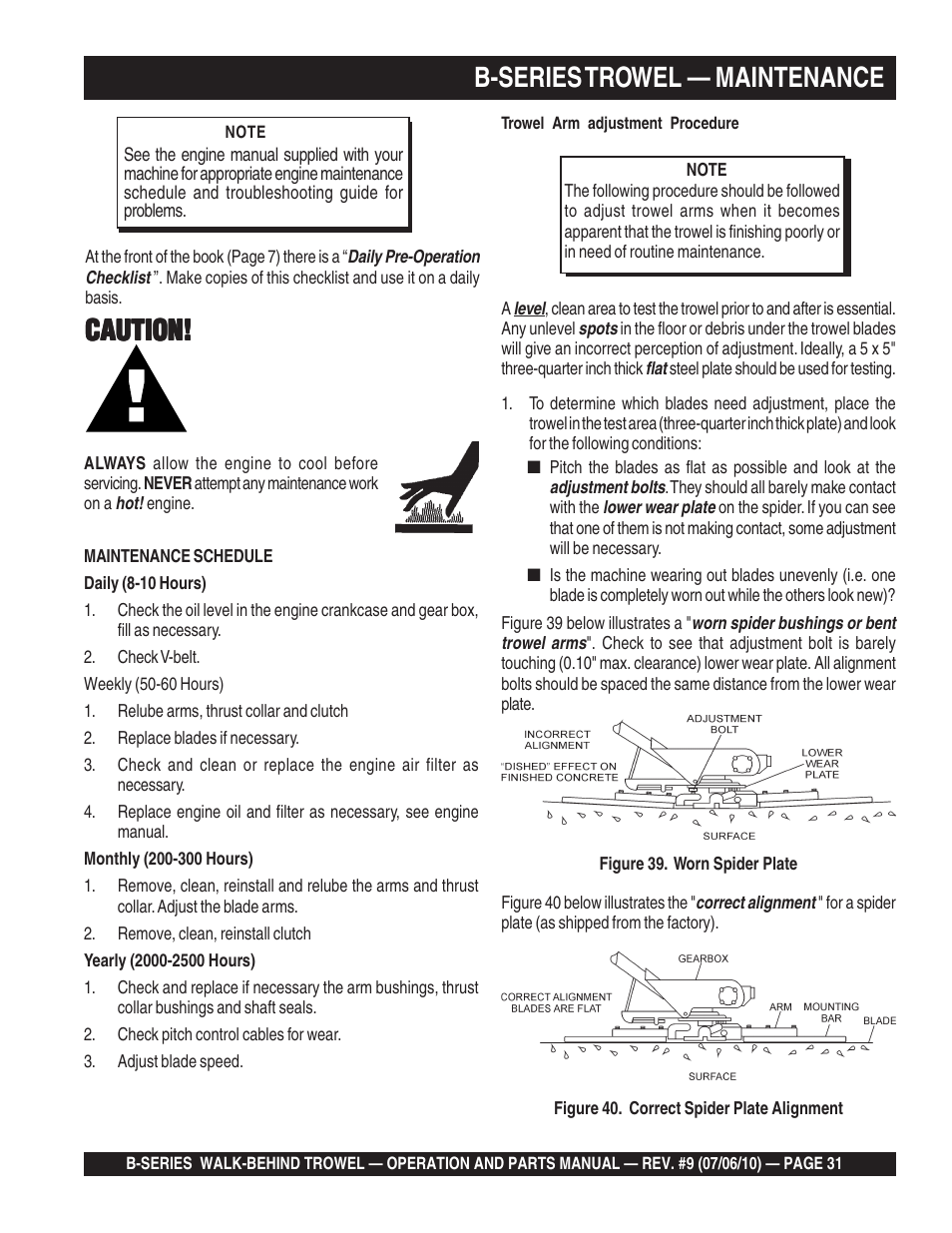 Caution, B-series trowel — maintenance | Multiquip B-SERIES User Manual | Page 31 / 124