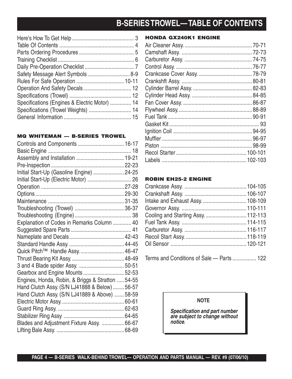 B-series trowel— table of contents | Multiquip B-SERIES User Manual | Page 4 / 124