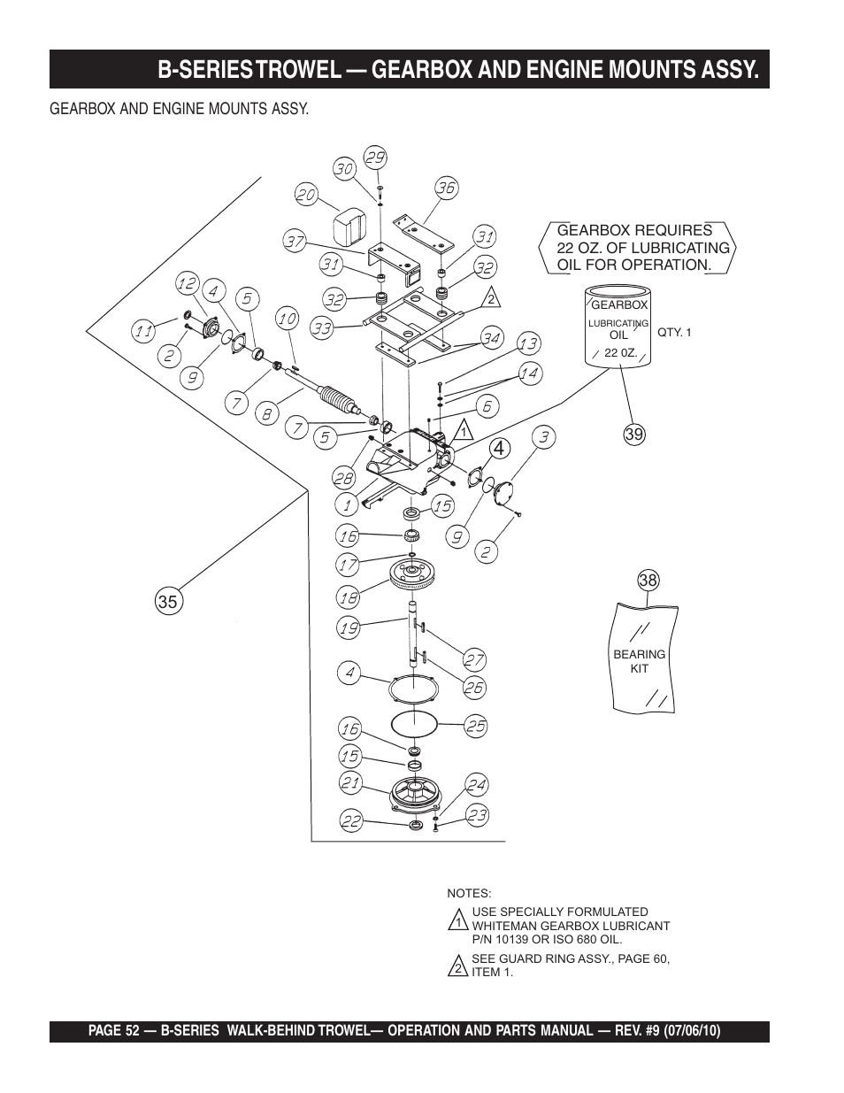 B-series trowel — gearbox and engine mounts assy | Multiquip B-SERIES User Manual | Page 52 / 124