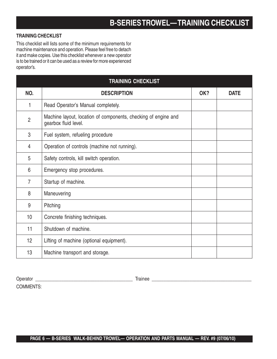 B-series trowel— training checklist | Multiquip B-SERIES User Manual | Page 6 / 124