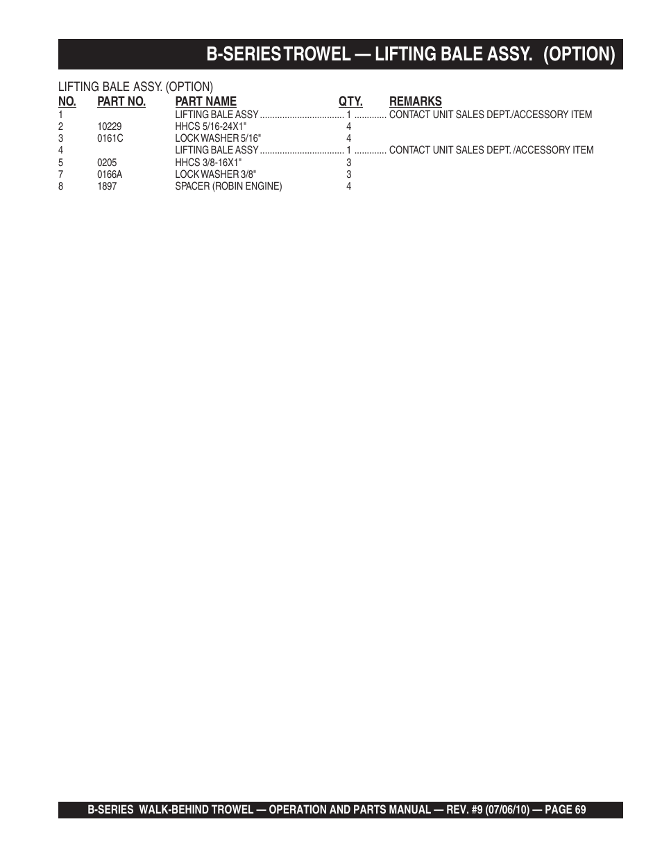 B-series trowel — lifting bale assy. (option) | Multiquip B-SERIES User Manual | Page 69 / 124