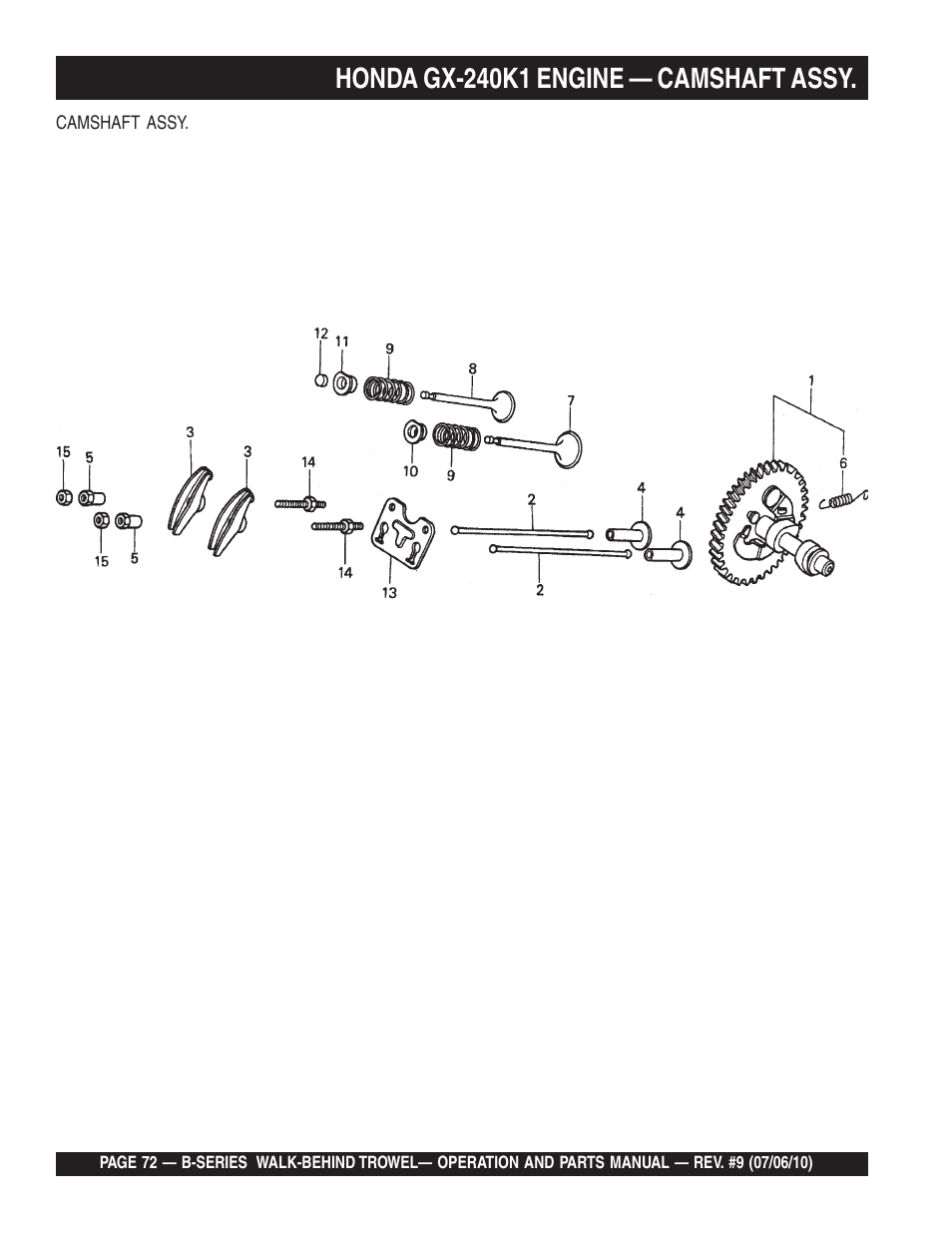 Honda gx-240k1 engine — camshaft assy | Multiquip B-SERIES User Manual | Page 72 / 124