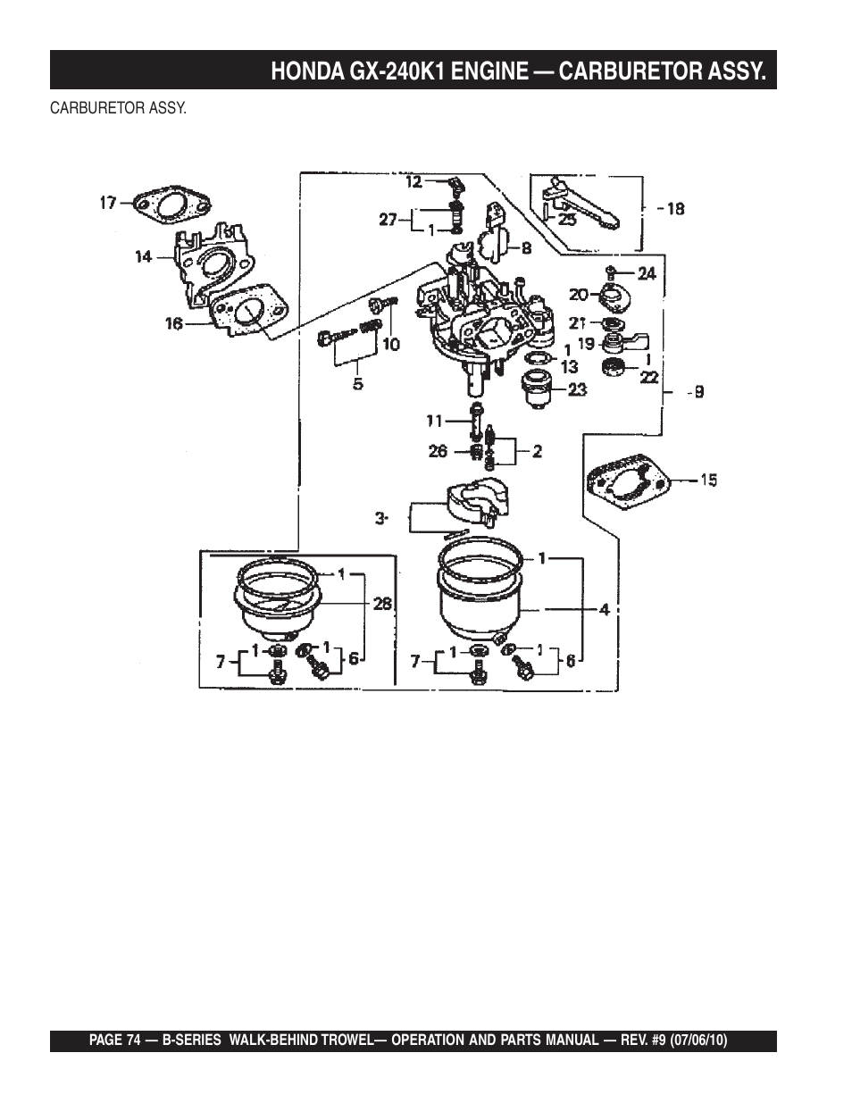 Honda gx-240k1 engine — carburetor assy | Multiquip B-SERIES User Manual | Page 74 / 124