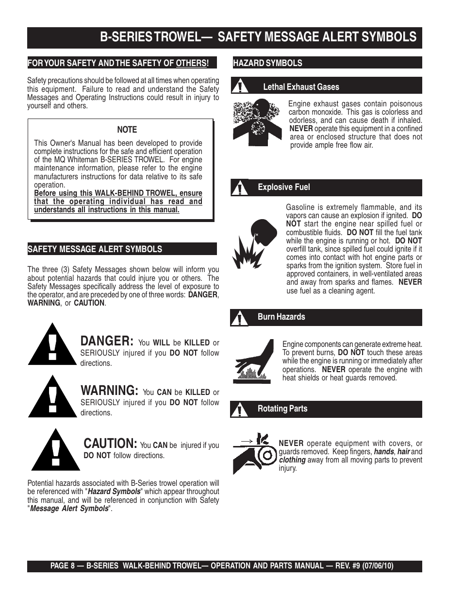 B-series trowel— safety message alert symbols, Danger, Warning | Caution | Multiquip B-SERIES User Manual | Page 8 / 124