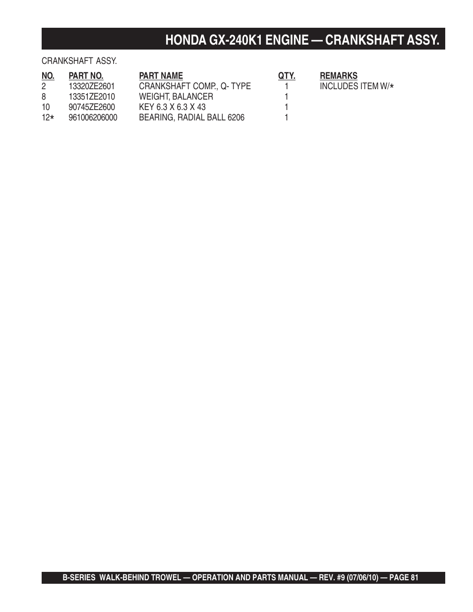Honda gx-240k1 engine — crankshaft assy | Multiquip B-SERIES User Manual | Page 81 / 124