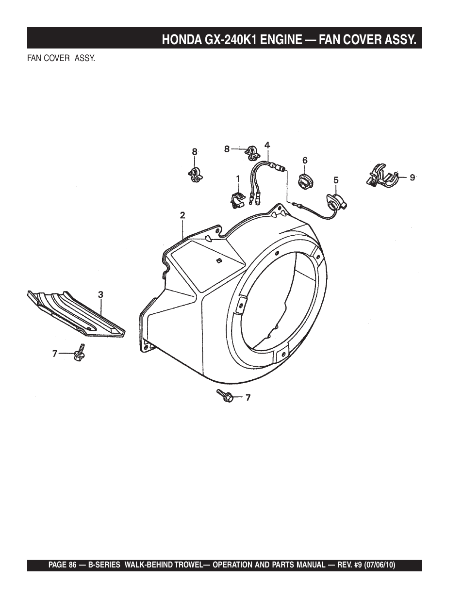 Honda gx-240k1 engine — fan cover assy | Multiquip B-SERIES User Manual | Page 86 / 124