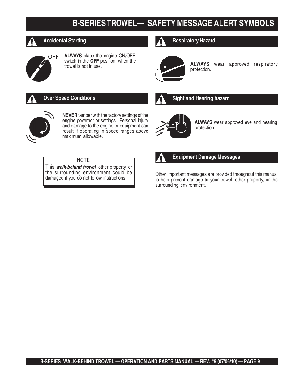 B-series trowel— safety message alert symbols | Multiquip B-SERIES User Manual | Page 9 / 124