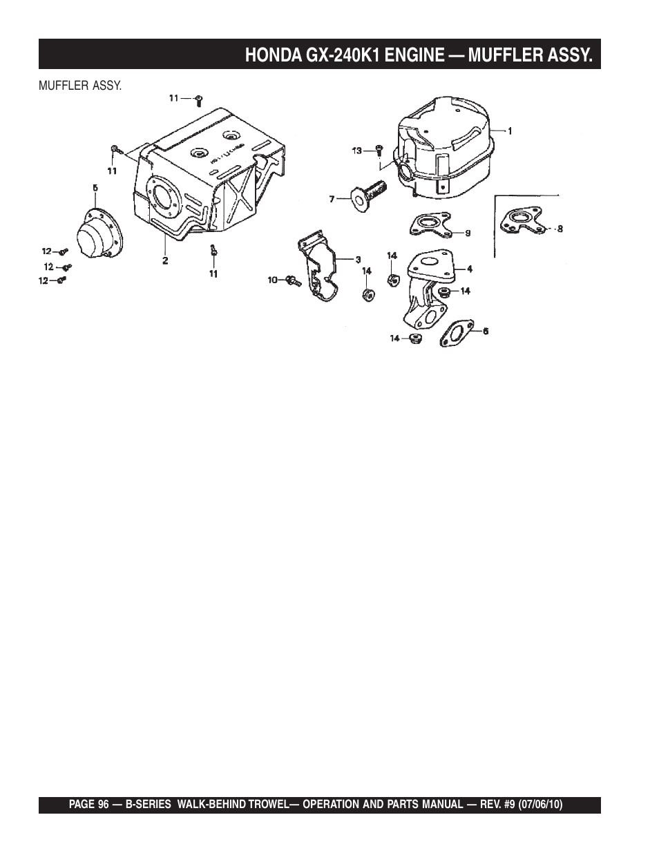 Honda gx-240k1 engine — muffler assy | Multiquip B-SERIES User Manual | Page 96 / 124
