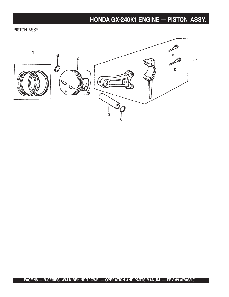 Honda gx-240k1 engine — piston assy | Multiquip B-SERIES User Manual | Page 98 / 124