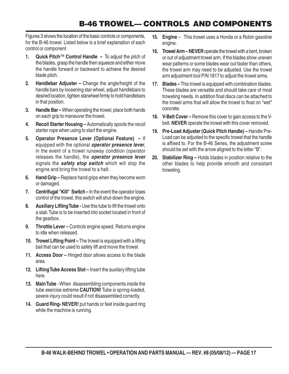 B-46 trowel— controls and components | Multiquip B46-SERIES User Manual | Page 17 / 70