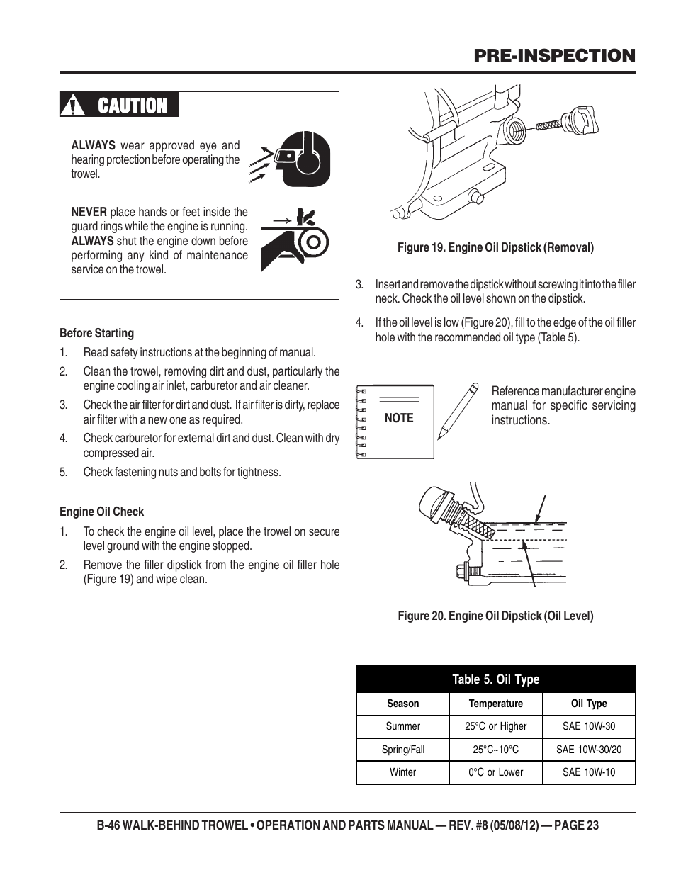 Caution, Pre-inspection | Multiquip B46-SERIES User Manual | Page 23 / 70