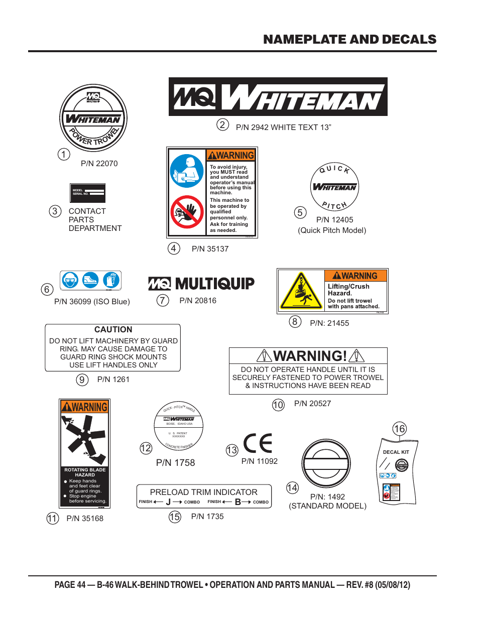 Nameplate and decals, Warning, P/n 1758 | Preload trim indicator, Caution | Multiquip B46-SERIES User Manual | Page 44 / 70