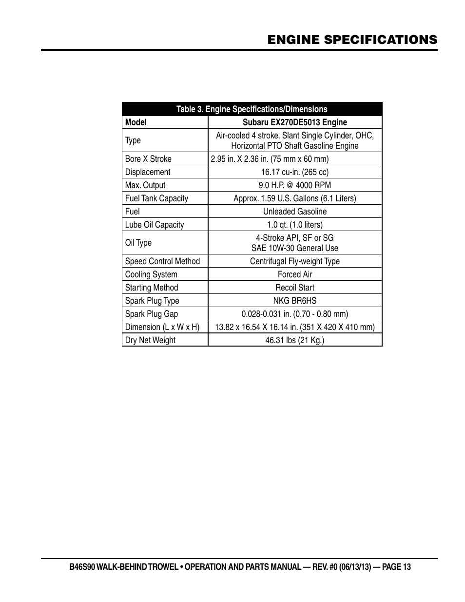 Engine specifications | Multiquip B46S90 User Manual | Page 13 / 88