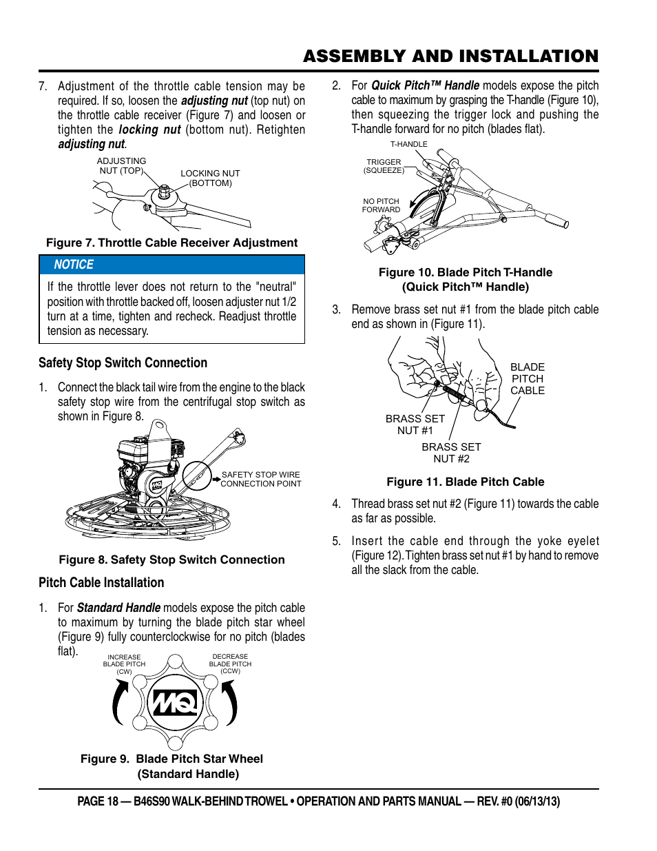 Assembly and installation, Safety stop switch connection, Pitch cable installation | Multiquip B46S90 User Manual | Page 18 / 88