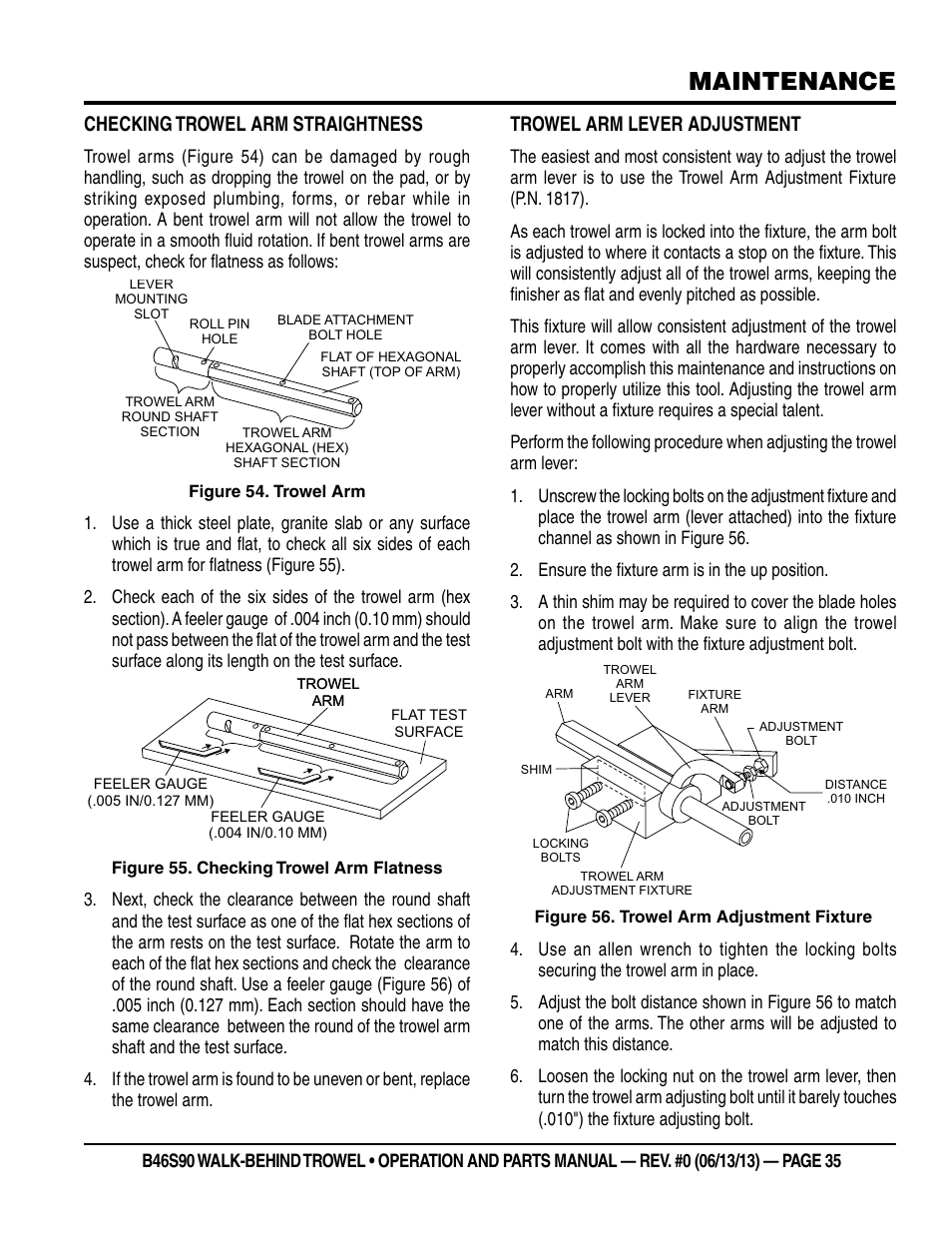 Maintenance, Checking trowel arm straightness, Trowel arm lever adjustment | Multiquip B46S90 User Manual | Page 35 / 88