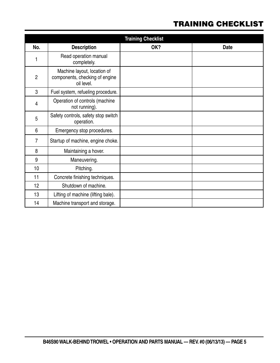 Training checklist | Multiquip B46S90 User Manual | Page 5 / 88