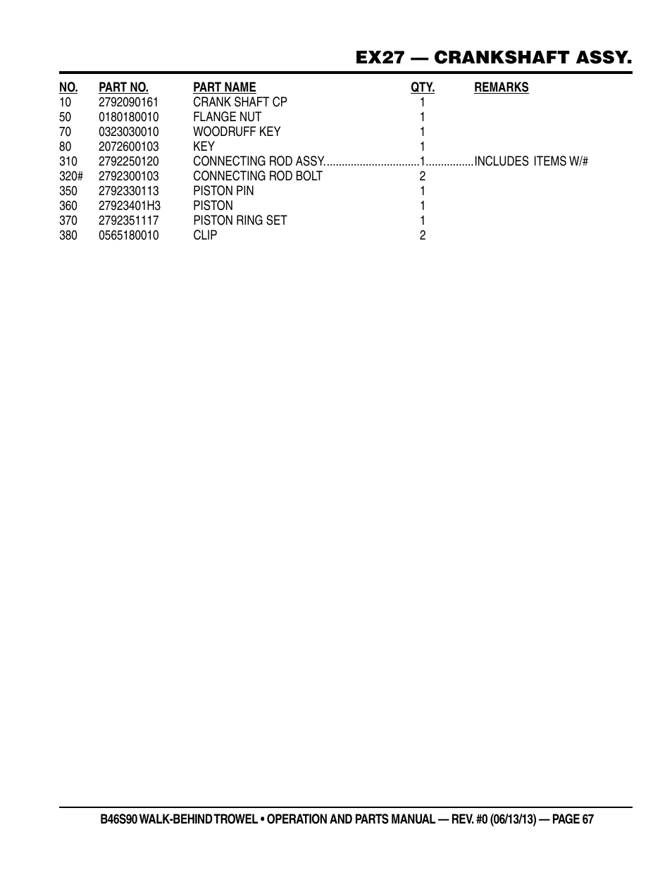 Ex27 — crankshaft assy | Multiquip B46S90 User Manual | Page 67 / 88