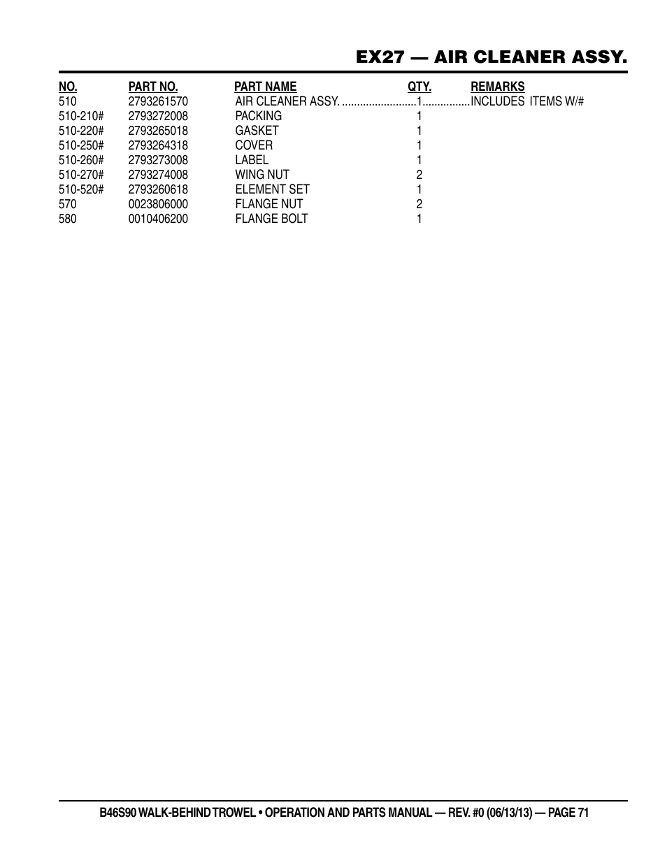 Ex27 — air cleaner assy | Multiquip B46S90 User Manual | Page 71 / 88