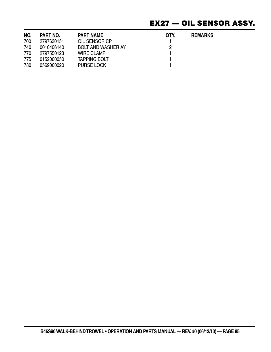 Ex27 — oil sensor assy | Multiquip B46S90 User Manual | Page 85 / 88