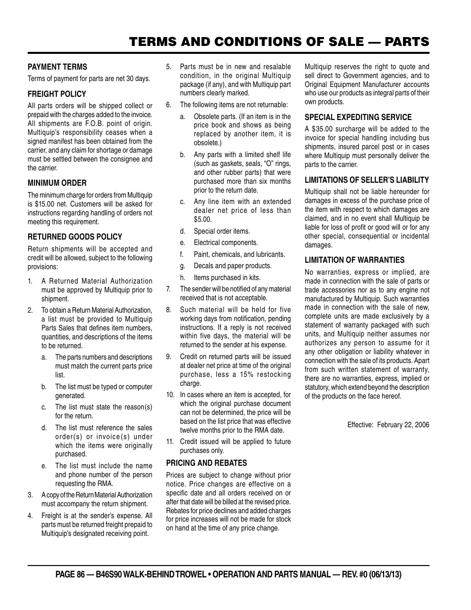 Terms and conditions of sale — parts | Multiquip B46S90 User Manual | Page 86 / 88