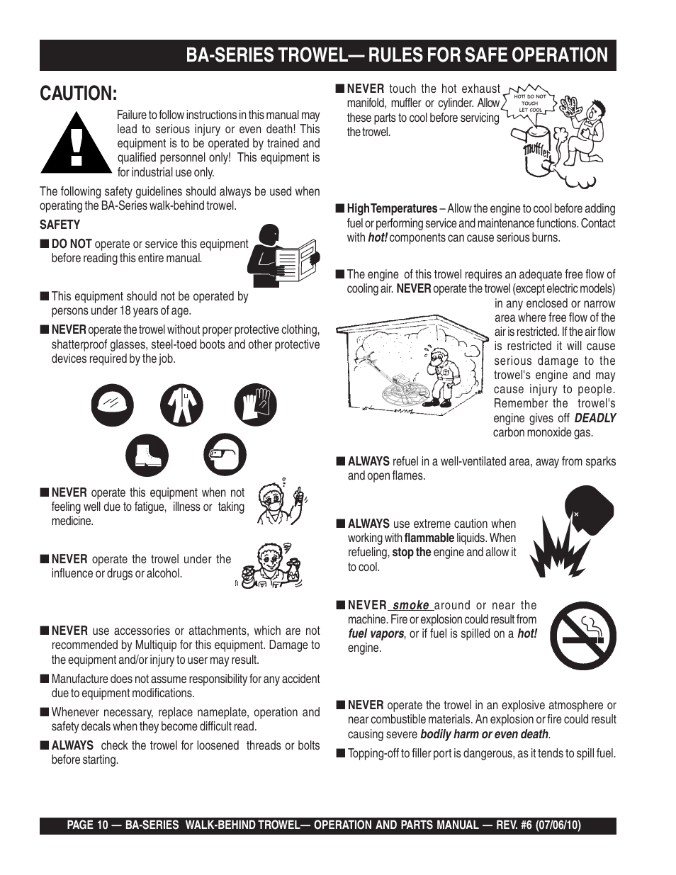 Caution, Ba-series trowel— rules for safe operation | Multiquip BA-SERIES User Manual | Page 10 / 120